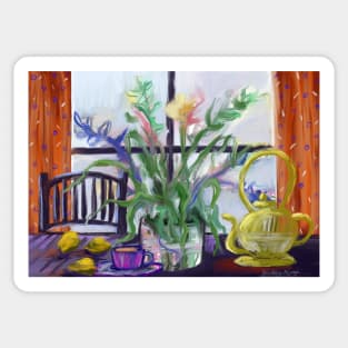 Orange Curtains and Yellow Teapot Sticker